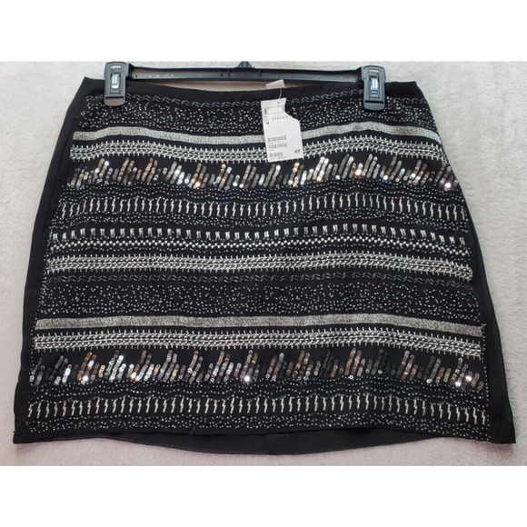 H&M Mini Skirt Women 14 Black Sequin Metallic Embroidered Beaded Sequin Back Zip - Picture 1 of 7